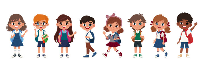 A set of Cheerful, Happy school kids with backpacks. Vector illustration in cartoon flat style