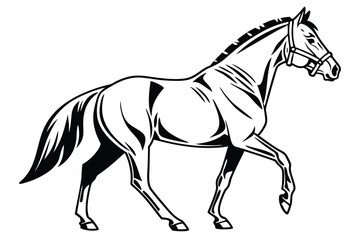Graceful stallion outlined in black strides forward with its bridle on display in the vector