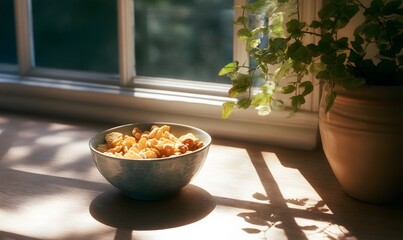 A bowl of Lucky Charms cereal sits on the tableThe sunlight shines through the window onto them, Generative AI