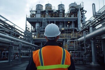 Engineer in safety clothing assesses industrial facility during twilight