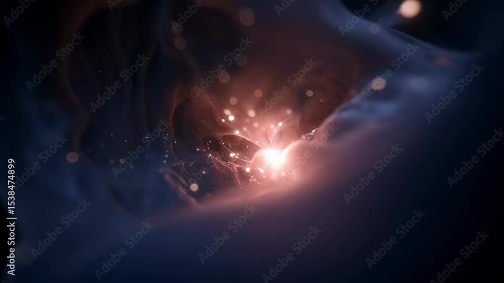 Poster medical animation showing a fetus glowing inside a womb, surrounded by floating particles and light 