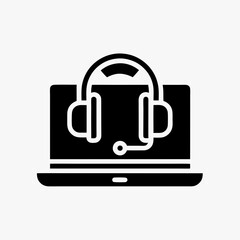 Obraz premium Black icon of laptop with headphones representing online support, call center, or virtual communication concept 