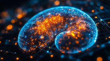 Abstract glowing, translucent, spiral form, with intricate network detail, vibrant orange and blue light