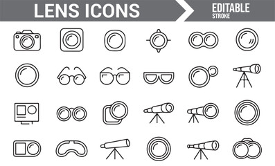 Illustrative set of icons for photography lenses, glasses, and telescopic devices