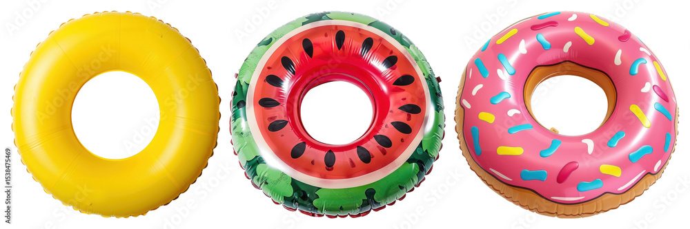 Poster png colorful inflatable pool floats, element set on transparent background