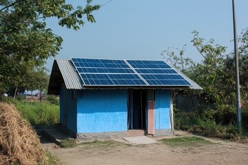 Obraz na płótnie Canvas Innovative Indian rooftop solar energy system powers rural home in India promoting sustainable living and renewable energy solutions