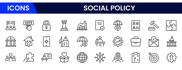 Impactful vector web line icons depicting social policy, welfare, equality, community support, and governance for inclusive societal progress.