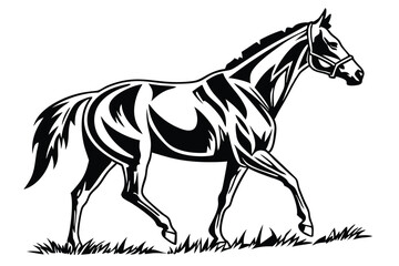 The majestic horse strides gracefully across the verdant grass, showcasing its sleek black coat and refined bridle