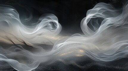 Abstract swirls of white and silver smoke with glittering dust and mystical glow against a dark background. Ethereal fluid design in soft grayscale tones.