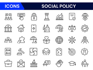 Impactful vector web line icons depicting social policy, welfare, equality, community support, and governance for inclusive societal progress.