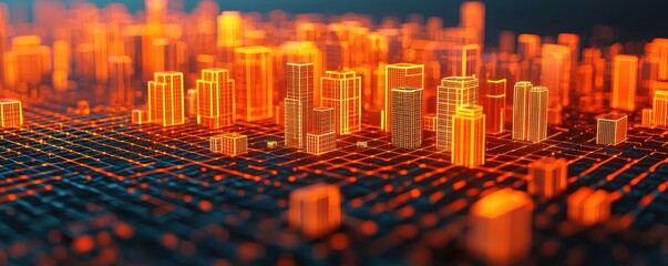 Neon Cityscape with Network Connections in Futuristic View