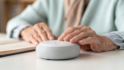 Obraz premium Senior citizen online education concept. Senior interacting with a smart speaker at a table. Online learning.