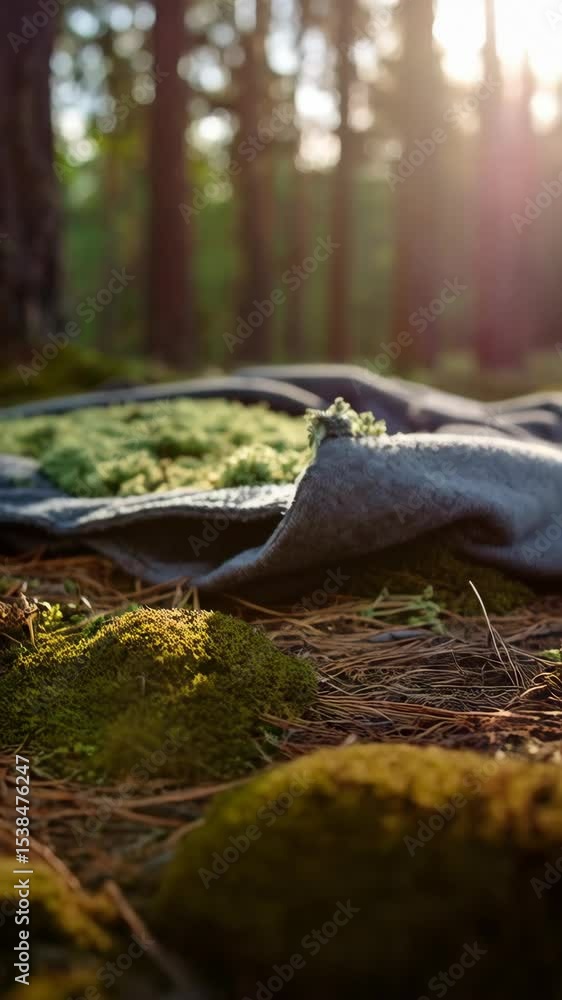 Aufkleber forest floor with lichen in grey fabric with sunlight breaking through trees in blurred background