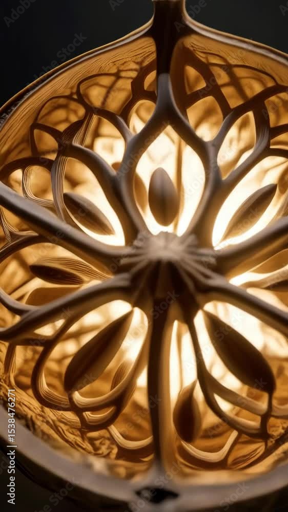 Poster half of hollowed-out nut with decorative pattern illuminated from within, casting shadows against th