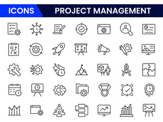 Organized vector web line icons depicting project management, timelines, tasks, collaboration, and efficient workflows for successful project execution.