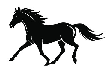 Graceful black horse silhouette gallops forward in stark contrast against a plain white backdrop