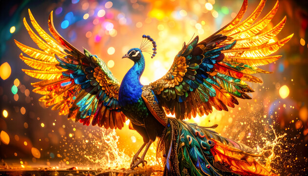Pfau mit ausgebreiteten, bunten Fl&uuml;geln vor leuchtendem, bokehhaftem Hintergrund