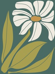 abstract floral, A bold and stylized daisy illustration with off-white petals and an ochre center, surrounded by large olive-green leaves, set against a muted teal background. 