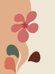 A minimal floral illustration featuring a bold pink flower with abstract leaves in earthy tones. The composition flows across a soft cream and peach background, evoking a calm and natural aesthetic