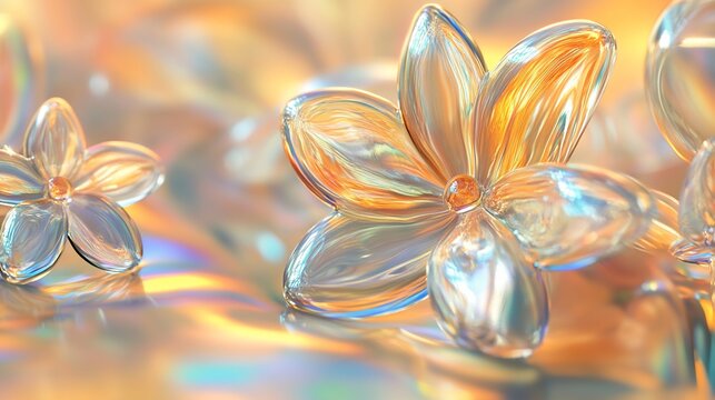 Abstract, iridescent flowers on a soft, golden surface