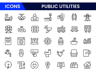 Essential vector web line icons depicting public utilities, water, electricity, gas, infrastructure, and services for community functionality and support.