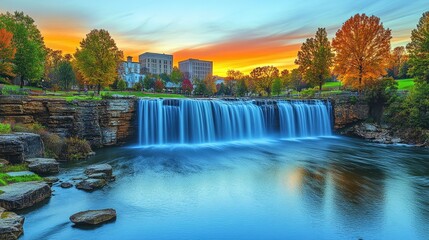 Autumnal Waterfall at Sunrise over City Park