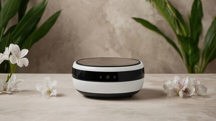 Modern Aroma Diffuser on Elegant Marble Surface with Flowers