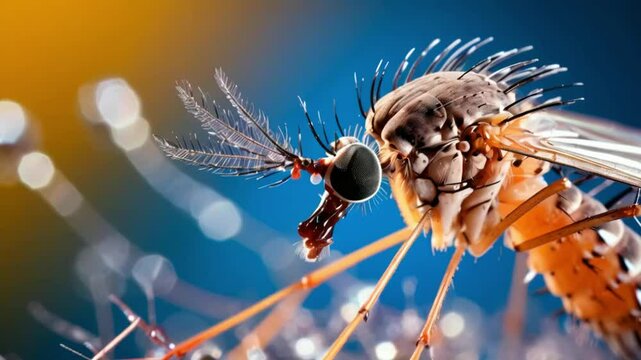 Zika Virus and Mosquito Interaction, the Zika virus on the surface of a mosquito's proboscis. macro photography to emphasize the details of both the virus and the mosquito.