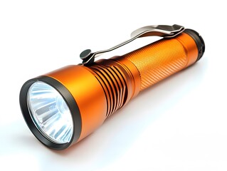 A close up shot of an orange flashlight with a silver clip on a white background in a studio setting