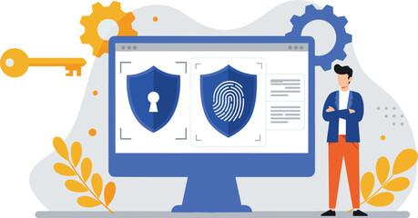 Cybersecurity protection with fingerprint and key on computer screen, digital shield with biometric and password security icons, concept of online data protection, flat vector illustration