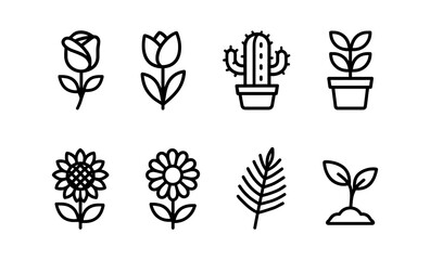Simple line art of various flower and plant icons for design projects vector illustration