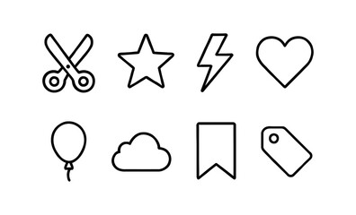 Minimalist line icons: scissors, star, lightning, heart, balloon, cloud, bookmark, tag vector illustration