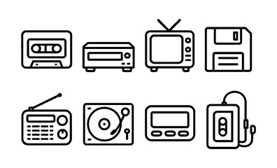 Retro technology icons: cassette, radio, tv, floppy disk, and more electronics vector illustration