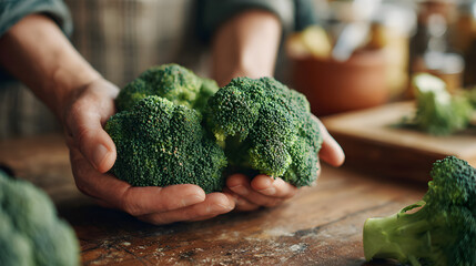  fresh broccoli human hands holding broccoli florets  healthy vegetables