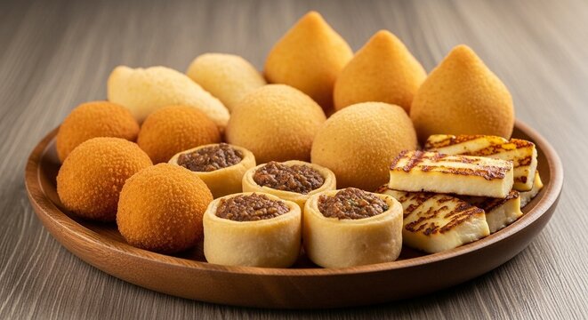 Assorted brazilian savory snacks platter: coxinha, risole, quibe, esfirra, bolinha de queijo, pastelzinho