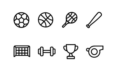 Minimalist sports icon set featuring ball, bat, racket, goal, and trophy designs vector illustration