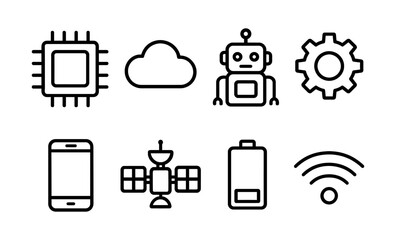 Minimalist technology icons set featuring cloud robot chip gear and more vector illustration