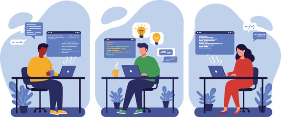 Diverse software developers coding innovative applications, programming responsive websites, collaborating on digital solutions,  flat vector illustration