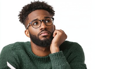 Thoughtful young man pondering ideas with pen in hand