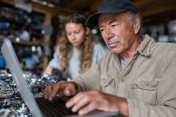 A meaningful interaction as a grandfather helps his granddaughter understand technology, symbolizing the passing of knowledge across generations in a workshop setting.