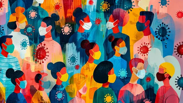 video of cartoon people in masks, healthcare and protection of medical research, prevention of viruses and infections, healthcare