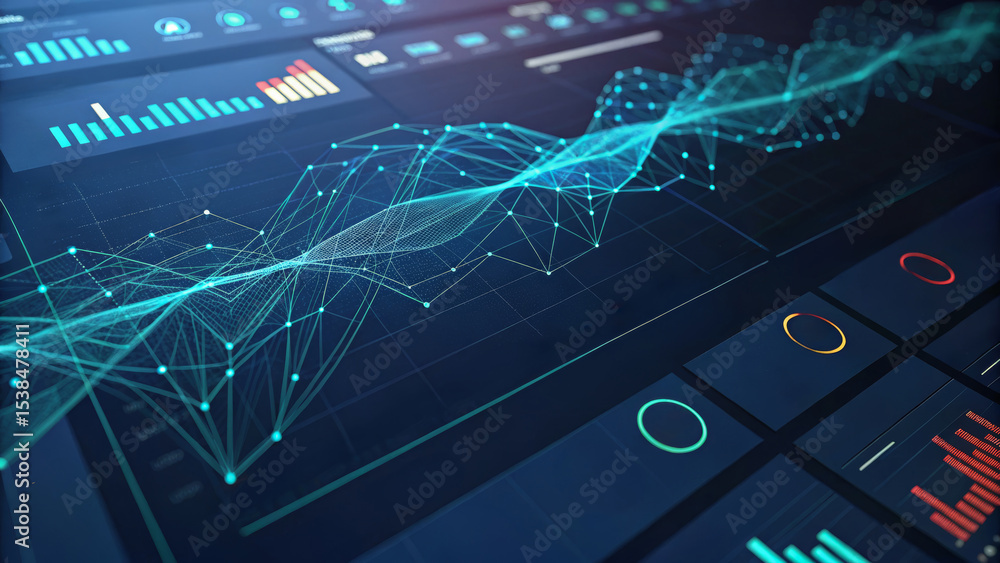 Poster ai support for financial institutions. data visualization with dynamic graphs and charts on a digita