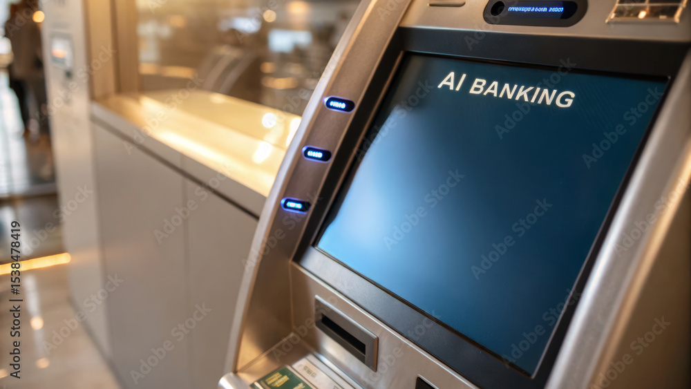 Poster ai support for financial institutions. automated teller machine displaying ai banking technology. ai