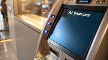 AI support for financial institutions. Automated teller machine displaying AI banking technology. AI for customer service.