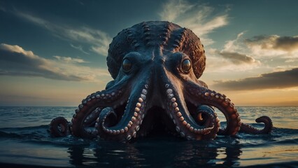 Gigantic Octopus Emerges from the Ocean at Sunset, Covered in Water