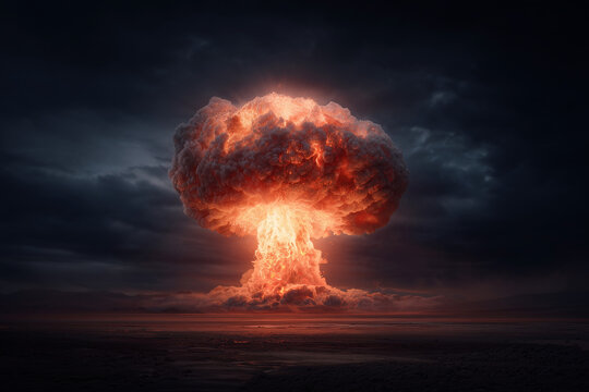 A large red mushroom cloud is in the sky. The sky is dark and cloudy. Concept of danger and destruction