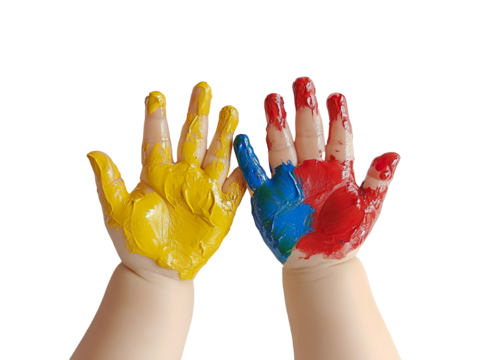 Child hands covered in bright colorful paint from art project - Powered by Adobe