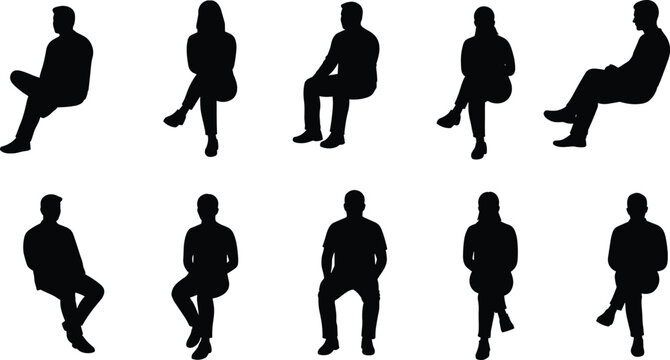 Silhouette of seated people, male and female sitting poses, side and front view, vector illustration, modern design, human figure collection