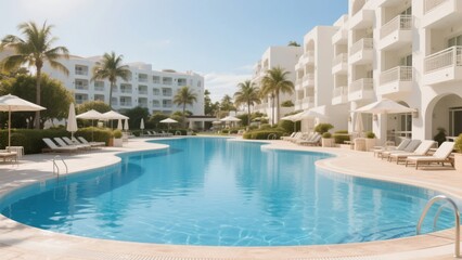 Fototapeta premium Resort Pool with Surrounding Buildings and Palm Trees