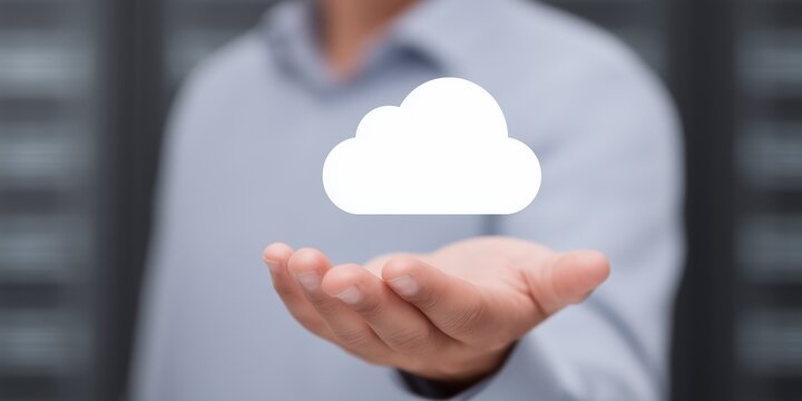 Business professional in a light blue shirt holds out hand with a cloud icon above, symbolizing cloud computing and digital technology in a modern workspace environment